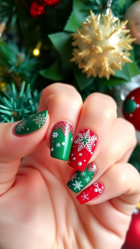 Short Christmas nails with red and green polish, snowflake designs, and glitter.